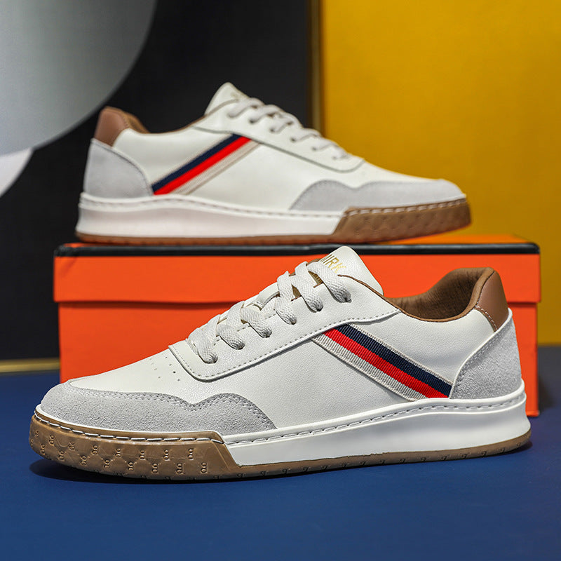 Men Leather Casual Shoes Spring Youth Street Cool Striped Flat Skateboard Cool Sneakers (Code: 1258)