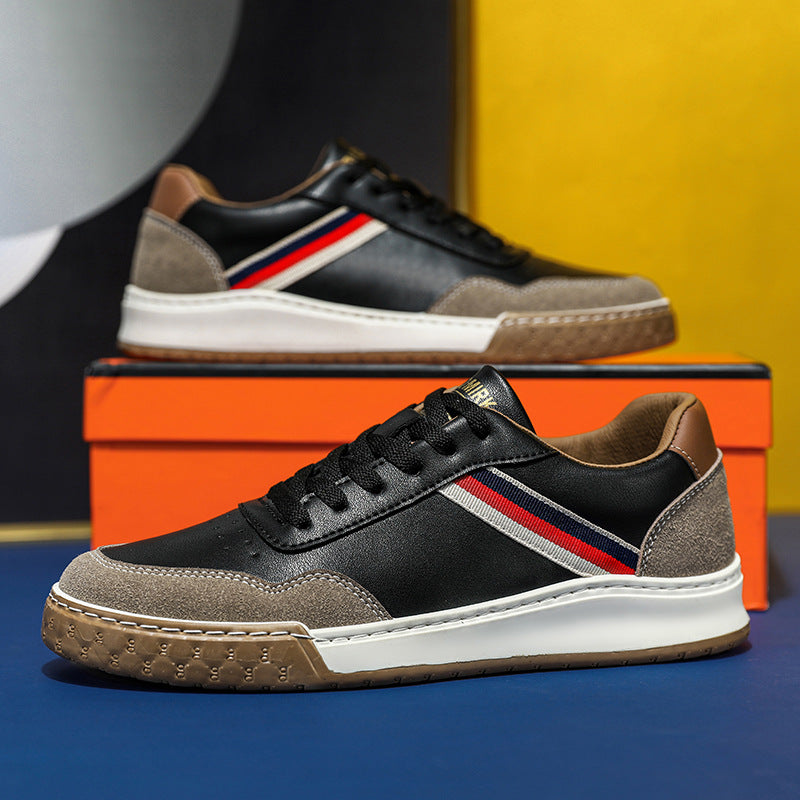 Men Leather Casual Shoes Spring Youth Street Cool Striped Flat Skateboard Cool Sneakers (Code: 1258)